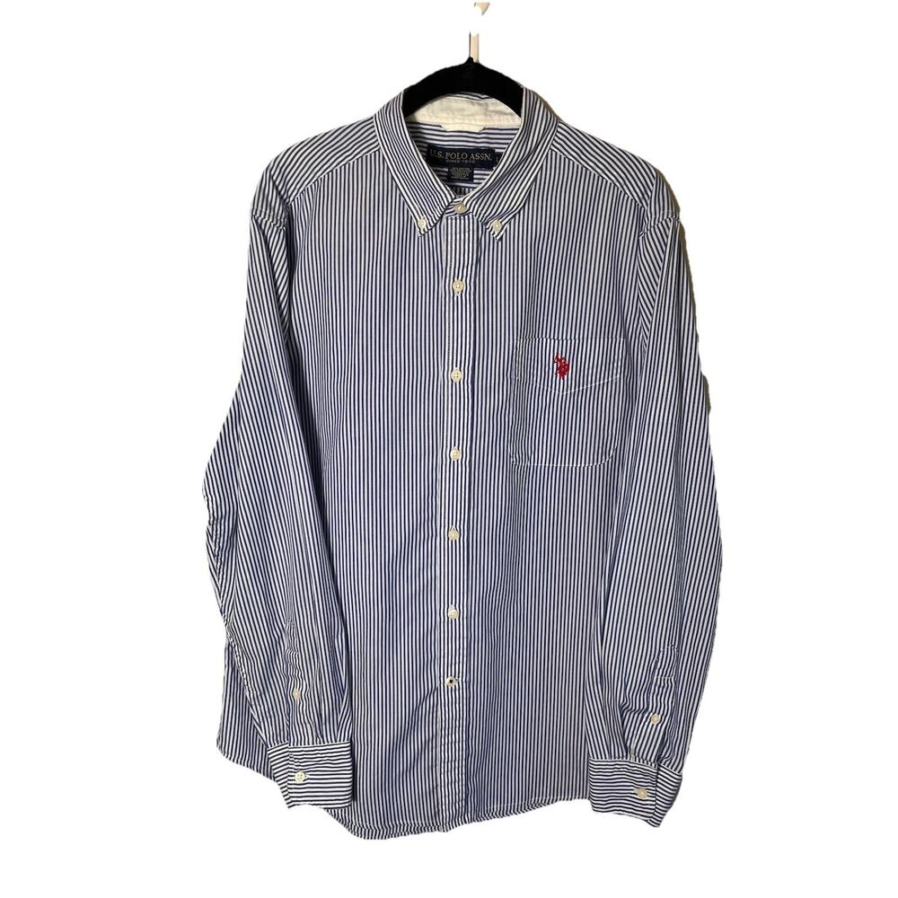 U.S. Polo Assn. Men's L Button Down Shirt Blue White‎ Stripe Long Sleeve Logo